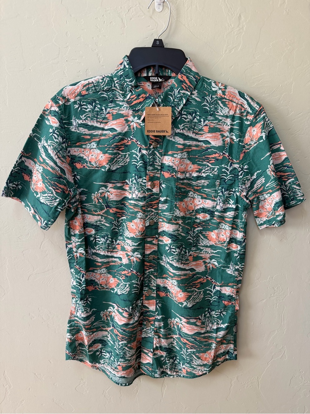 NWT Eddie Bauer Baja Camp Shirt Mens Sz S Palm Trees Island Print Short Sleeve